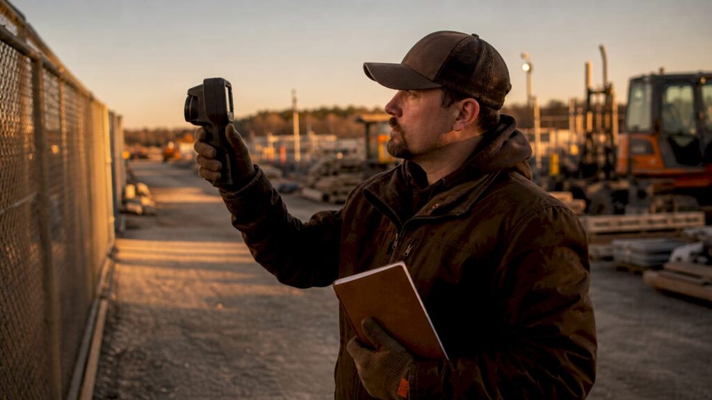 Security technician inspecting with thermal camera outdoors