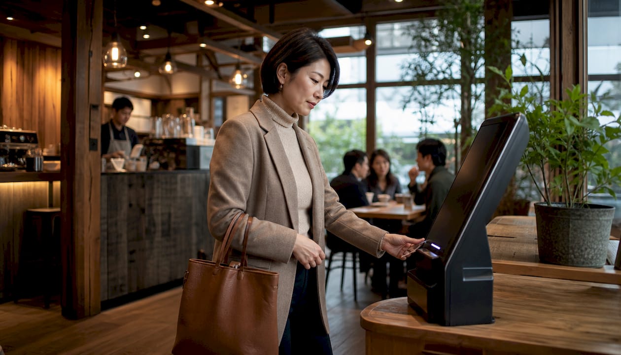 Visitor using digital check-in kiosk at reception