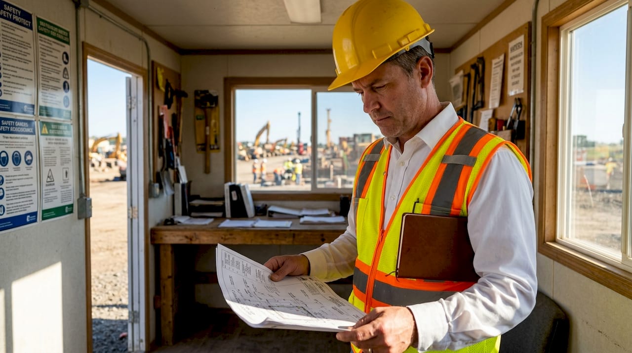 Construction site manager reviewing security plans outdoors